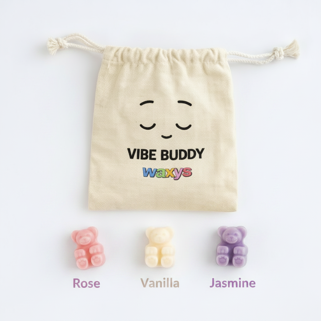 Vibe Buddy Waxys scented bears nom nom's with a drawstring bag on a white background