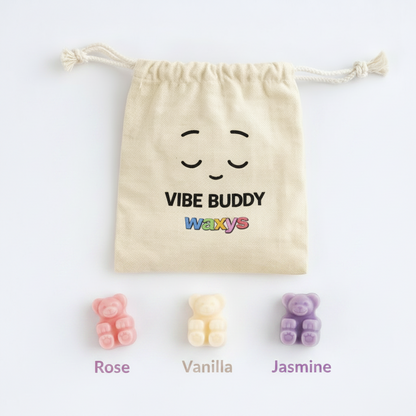 Vibe Buddy Waxys scented bears nom nom's with a drawstring bag on a white background