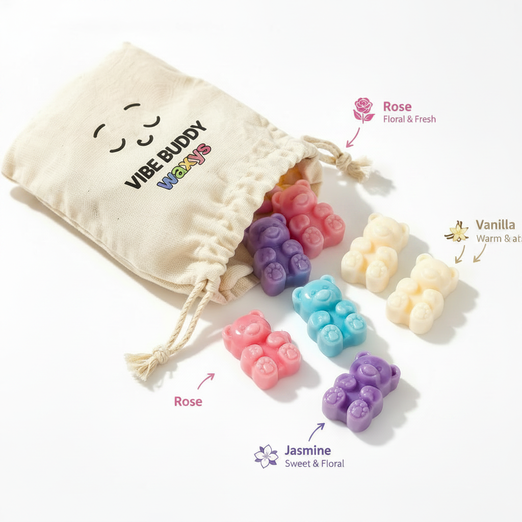 Colorful bear-shaped wax melts called nom nom's with a drawstring bag labeled 'Vibe Buddy Waxys'.